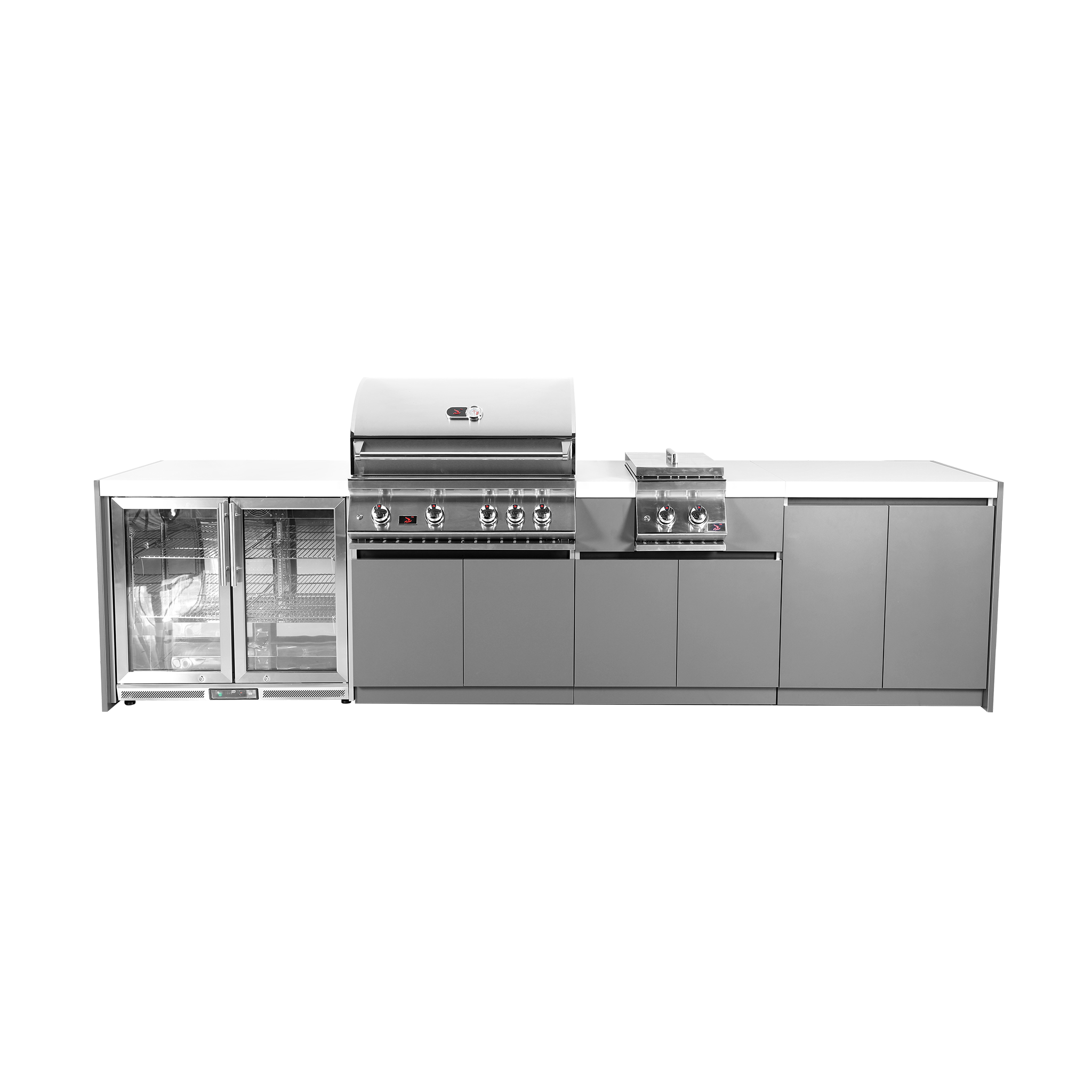 Whistler Straight-Line Outdoor Kitchen Island with Built-In 4-Burner Grill and Refrigerator– Modular Design