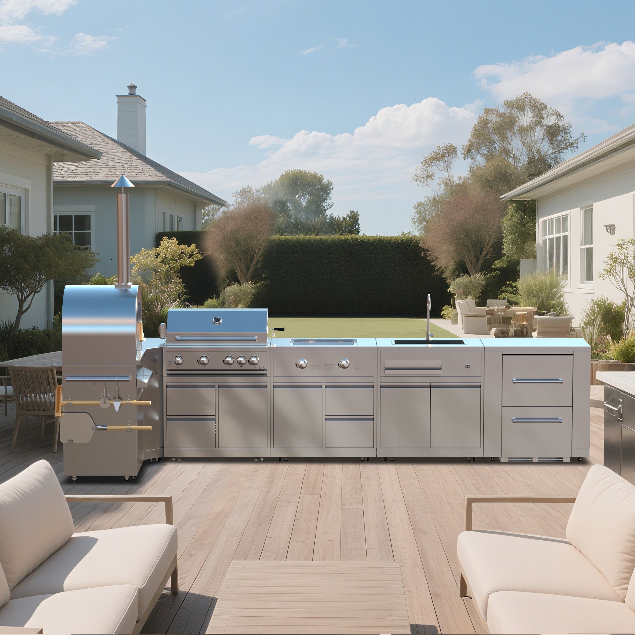 Vestivium Sera Series L-Shaped Outdoor Kitchen Island – Gas wood fired Pizza Oven and Grill, Modular Design