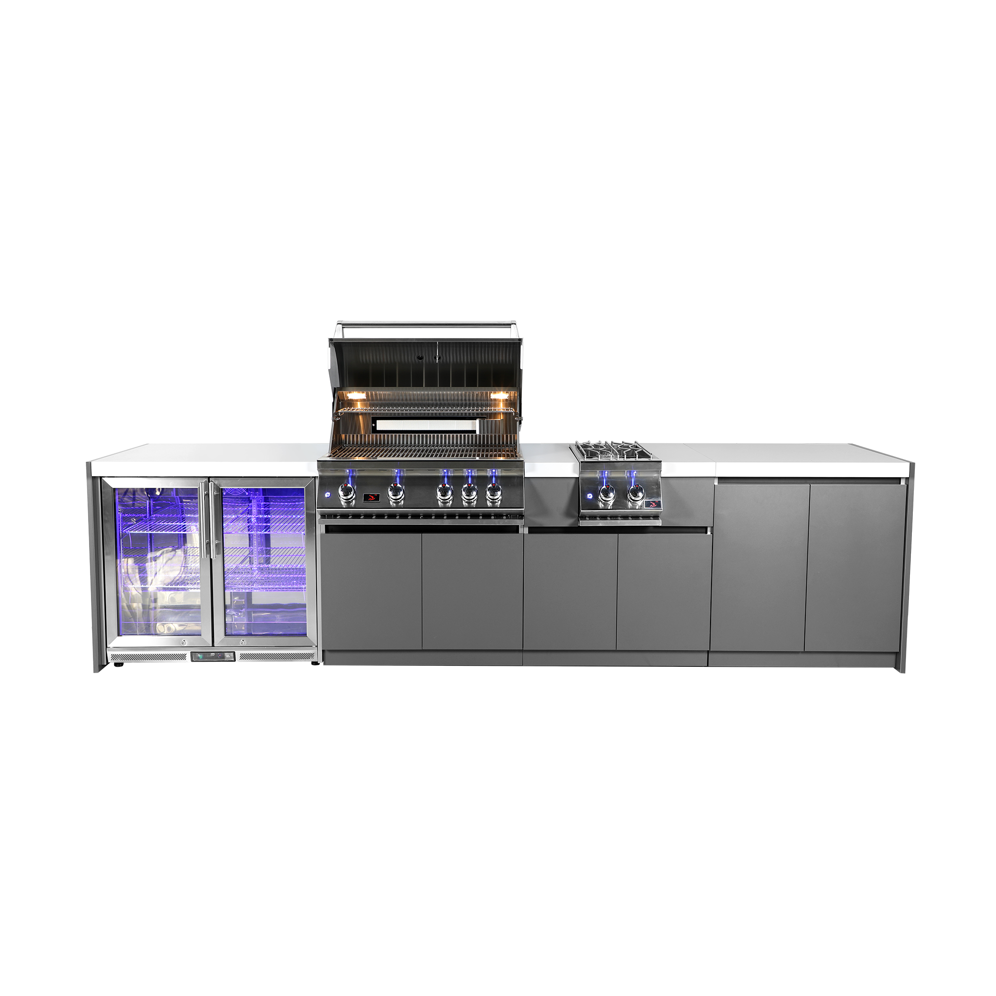 Whistler Straight-Line Outdoor Kitchen Island with Built-In 4-Burner Grill and Refrigerator– Modular Design
