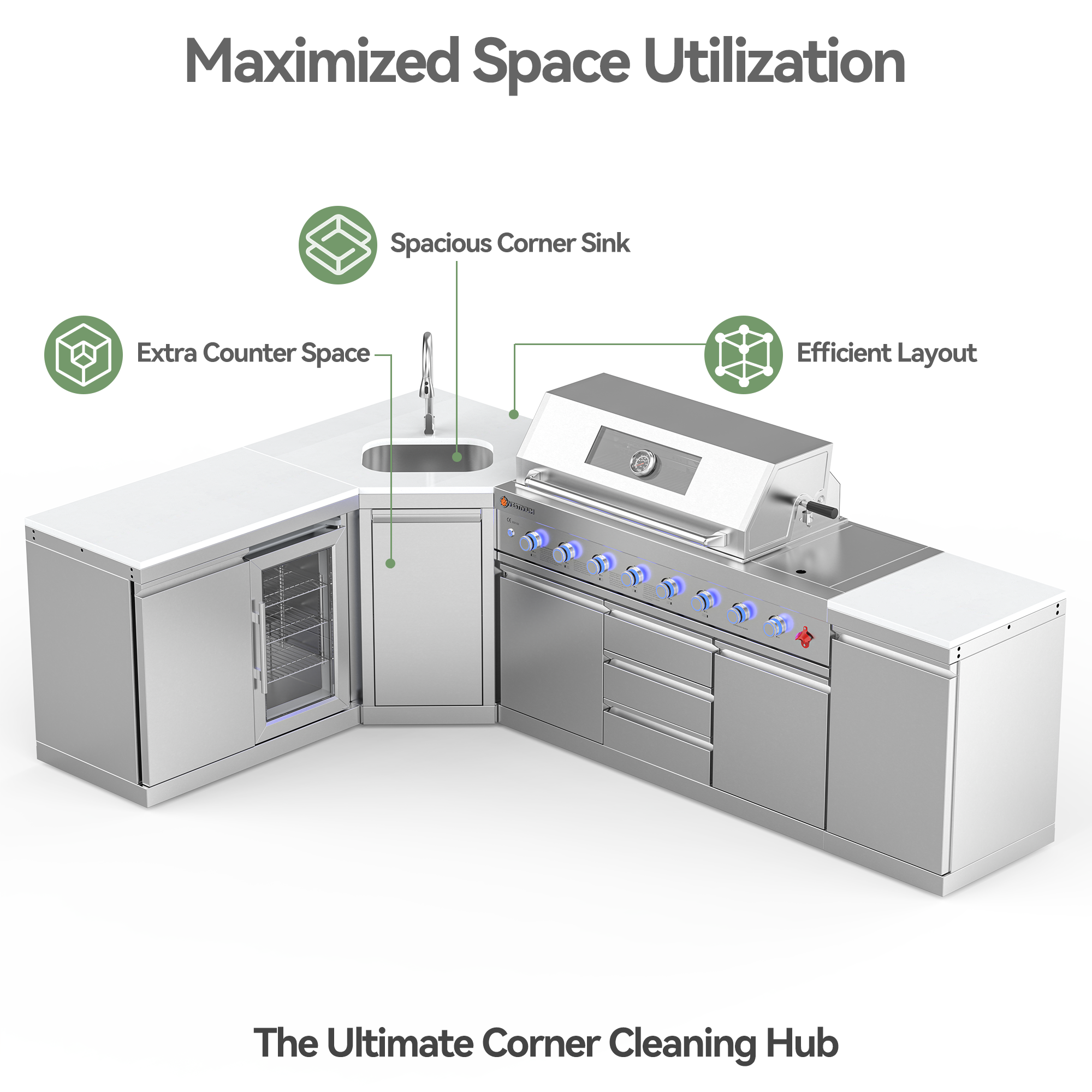 VESTIVIUM Wide-Angle Corner Cabinet with Sink for Modern Outdoor Kitchen Island