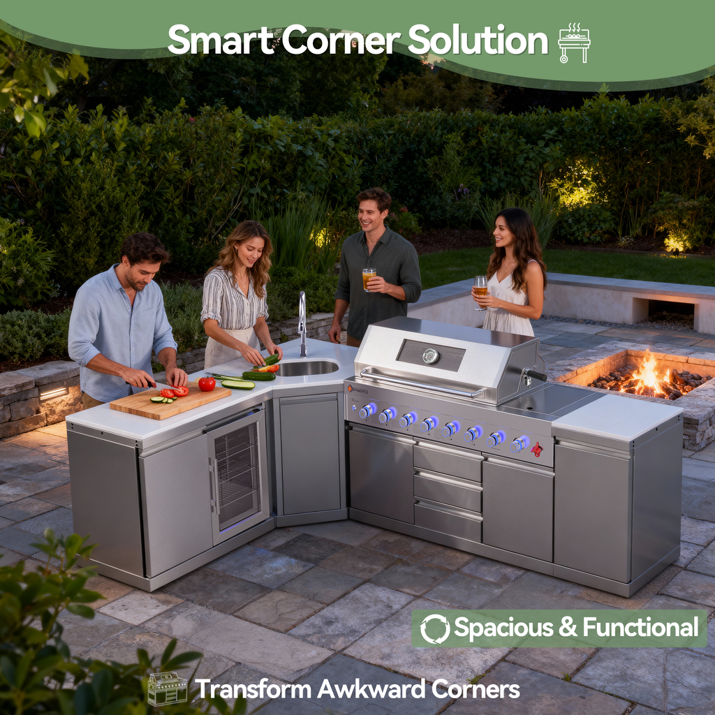 VESTIVIUM Wide-Angle Corner Cabinet with Sink for Modern Outdoor Kitchen Island