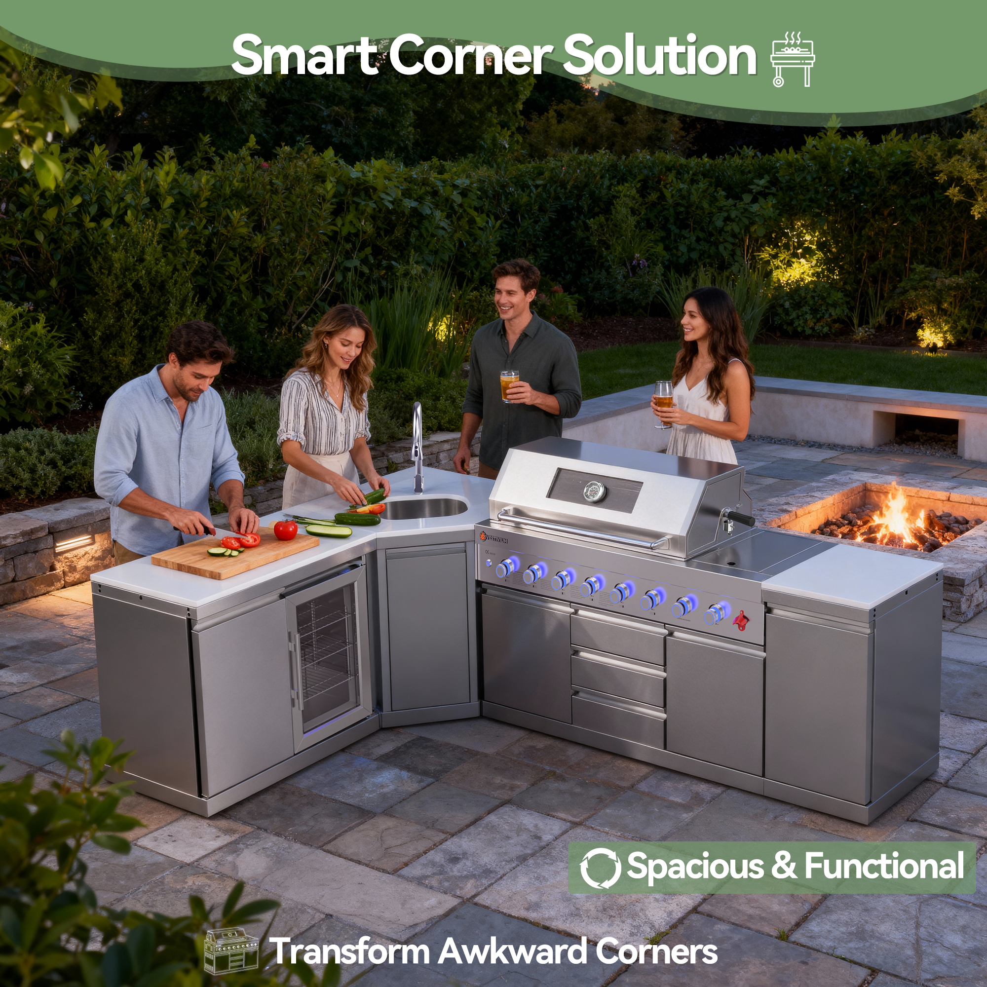 VESTIVIUM Wide-Angle Corner Cabinet with Sink for Modern Outdoor Kitchen Island