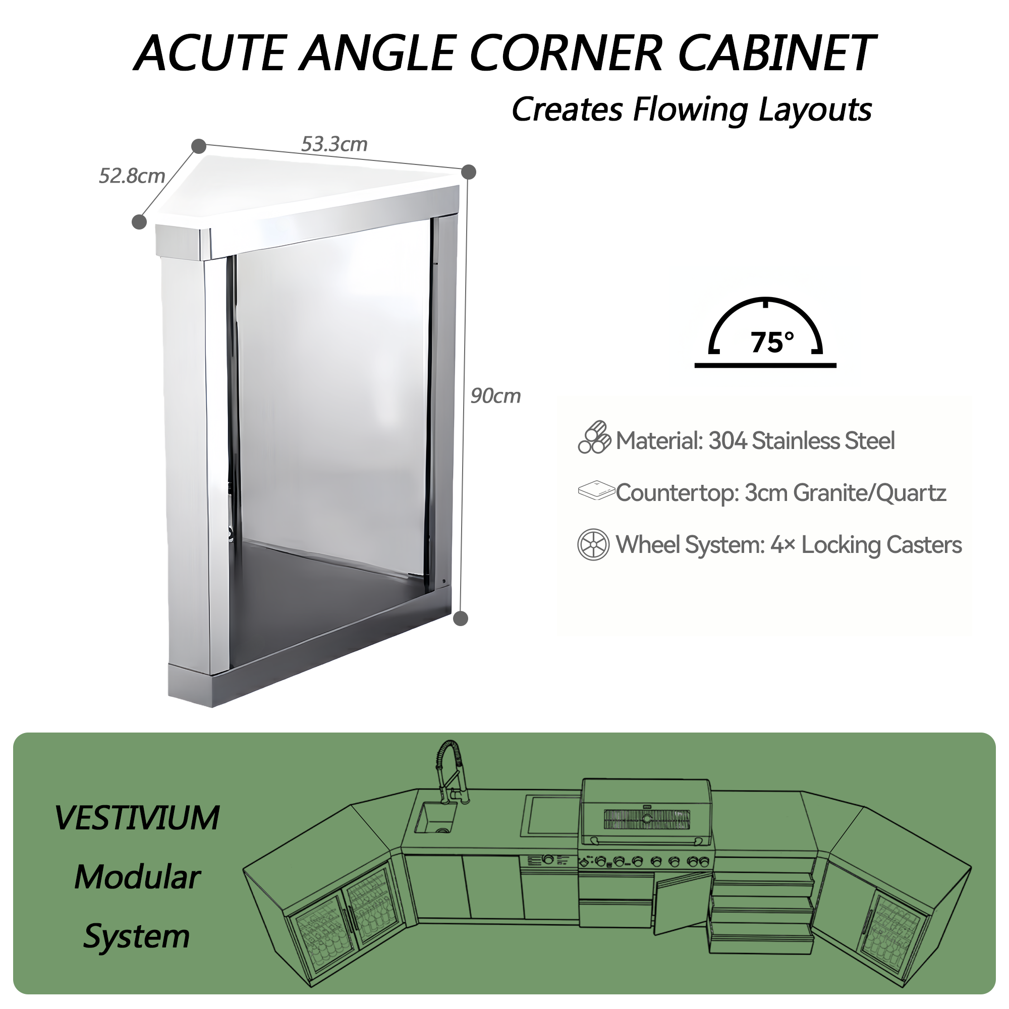 VESTIVIUM Acute Angle Corner Cabinet for Sera Series Outdoor Kitchen