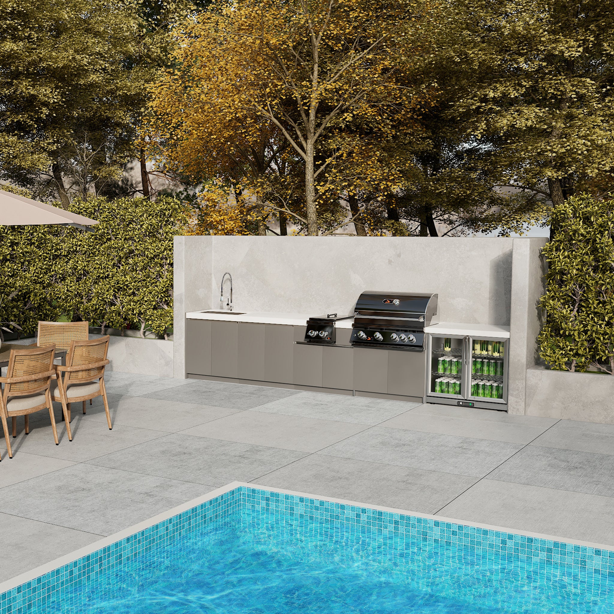 Whistler Straight-Line Outdoor Kitchen Island with Built-In 4-Burner Grill and Refrigerator– Modular Design