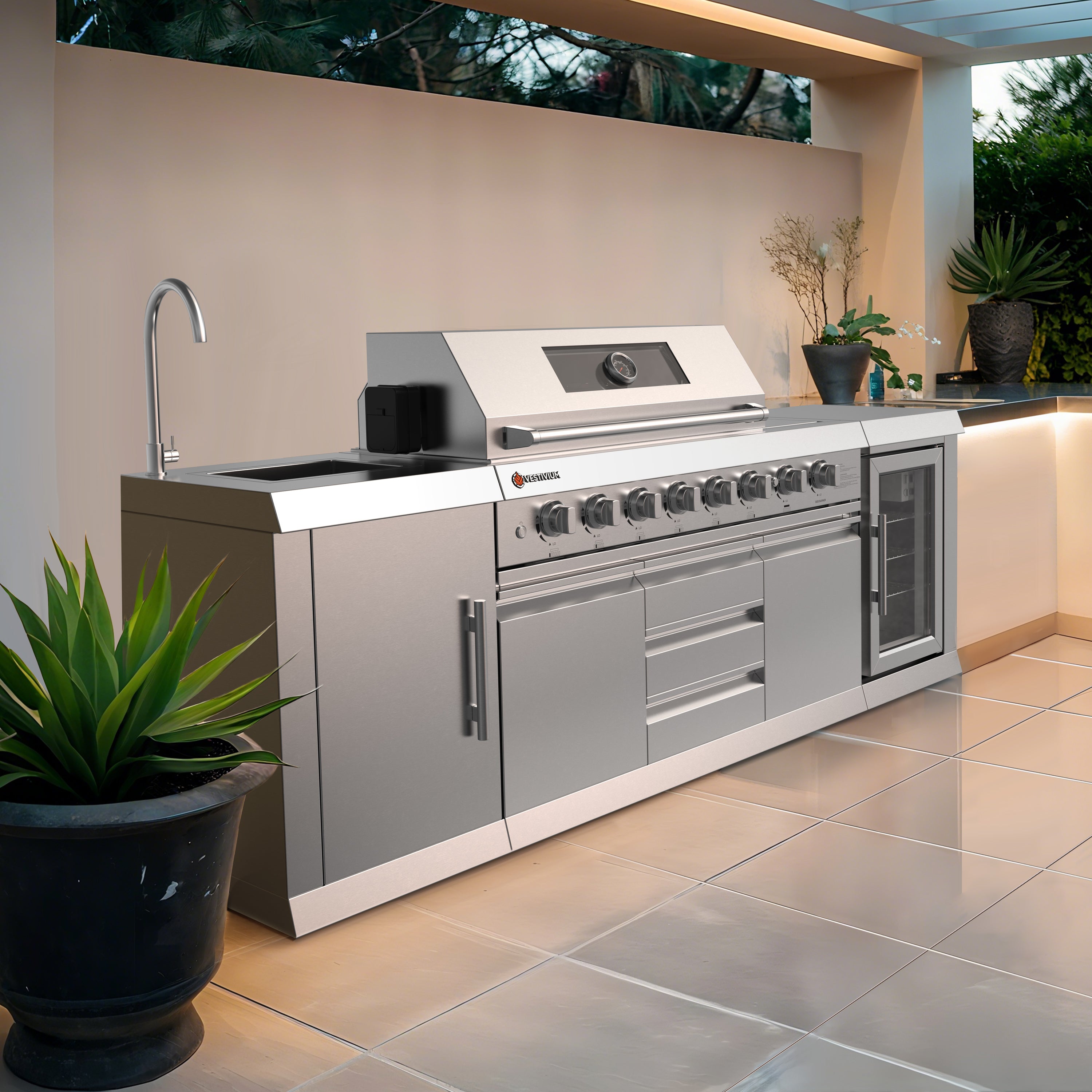 Vestivium Sera Series Outdoor Kitchen Island with Built - in Grill, Sink & Refrigerator