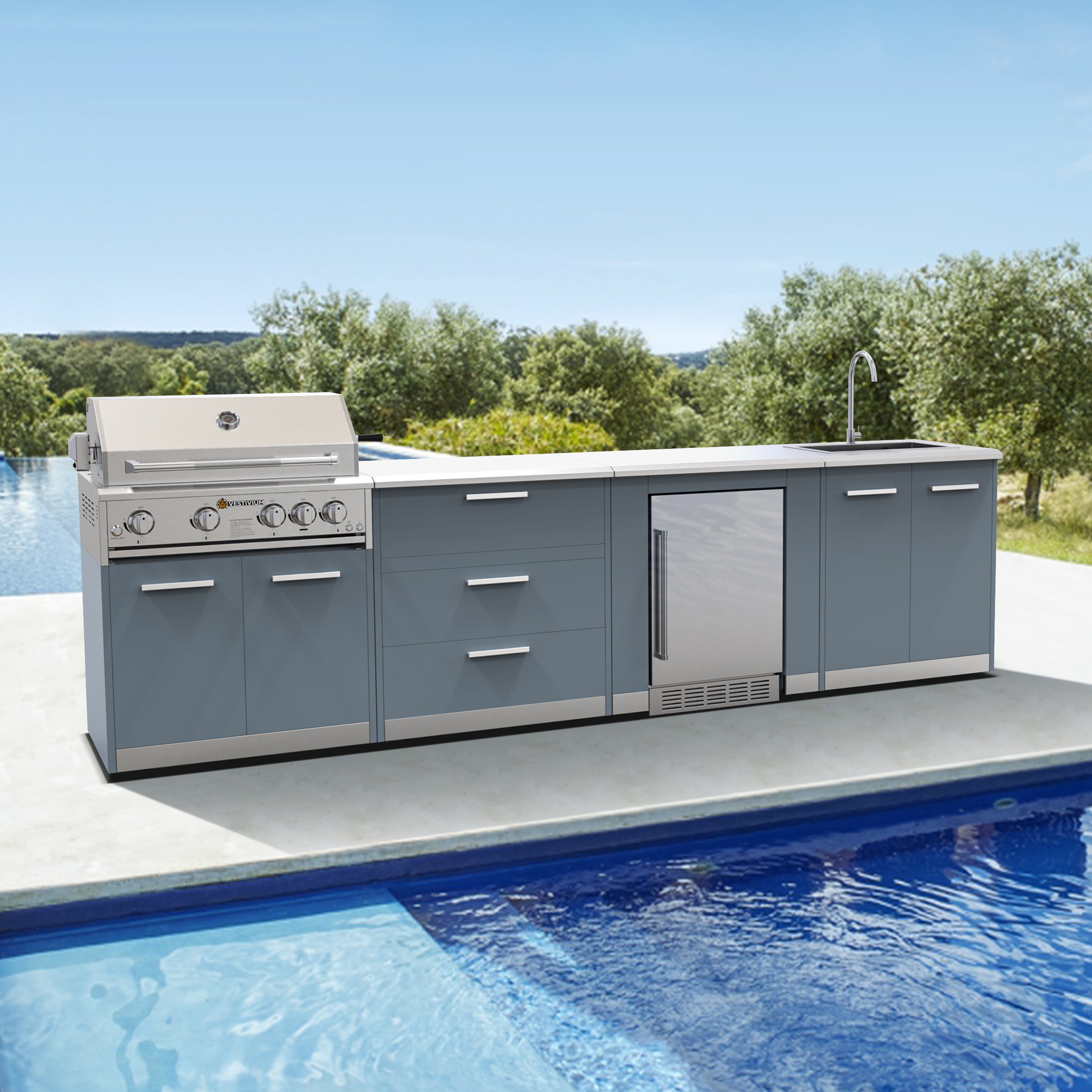 Vestivium Aurelia Series Outdoor Kitchen Island with Built - in Grill, Sink & Refrigerator Blue
