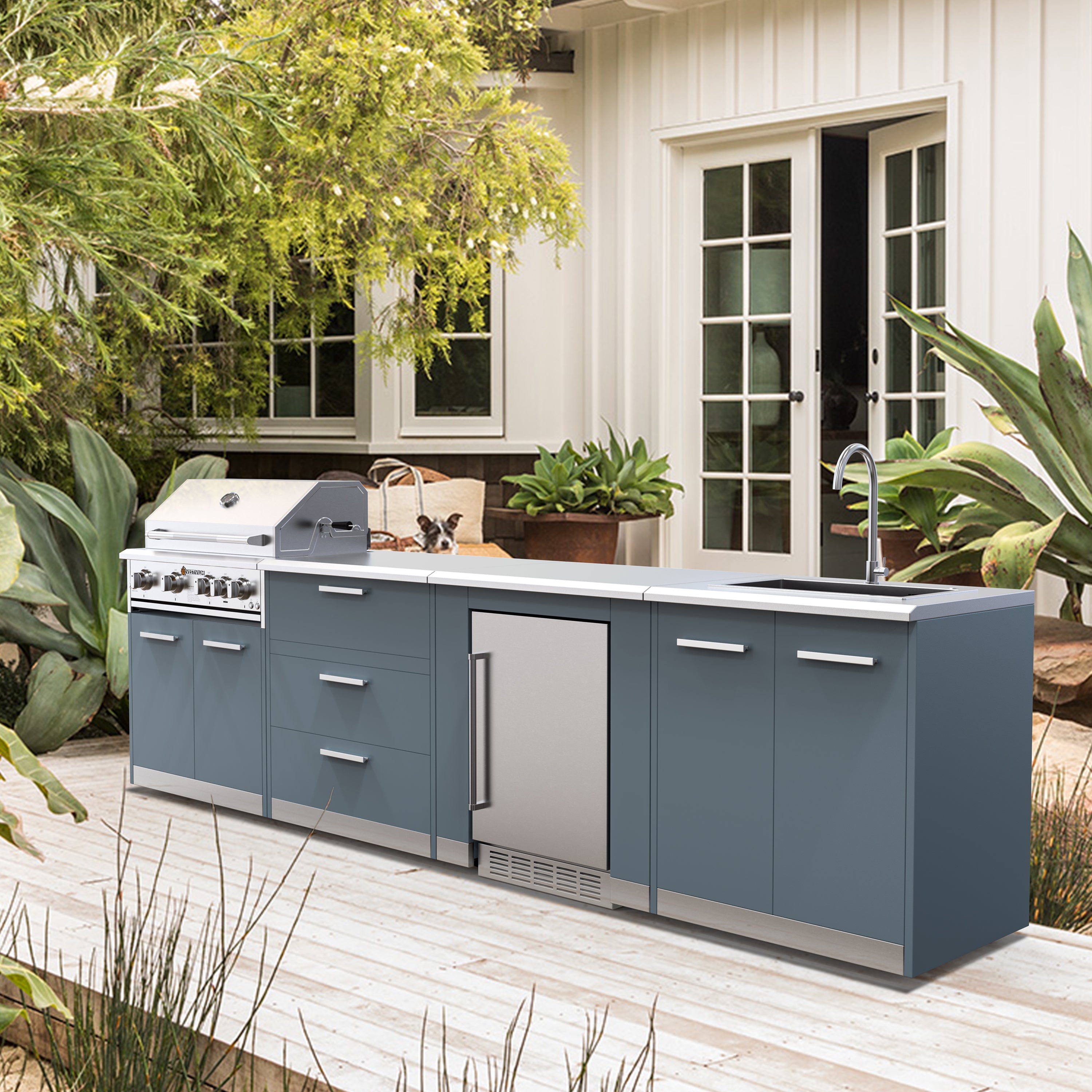 Vestivium Aurelia Series Outdoor Kitchen Island with Built - in Grill, Sink & Refrigerator Blue