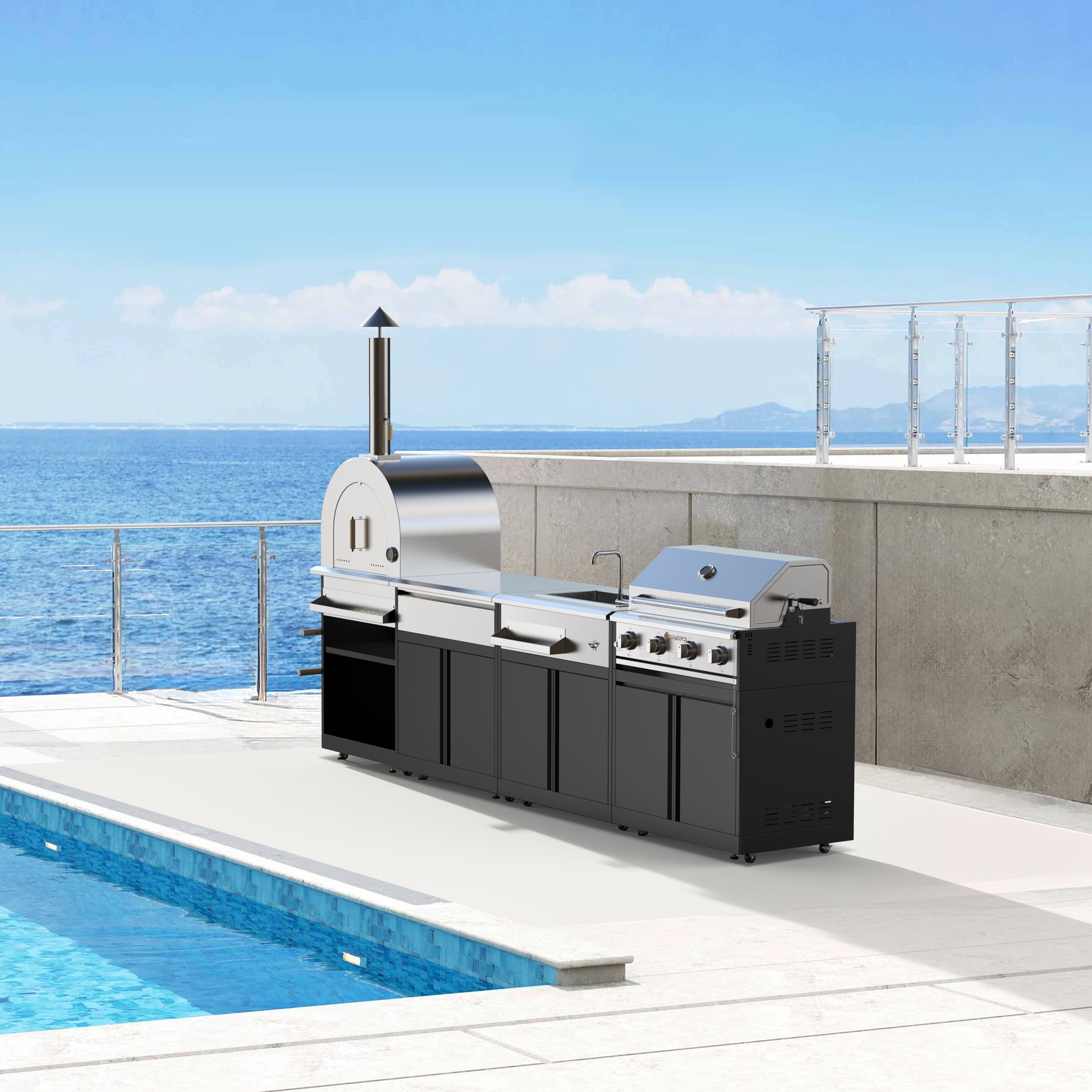 Vestivium Sera Series Outdoor Kitchen Island with Built - in Grill, Sink,Pizza Oven