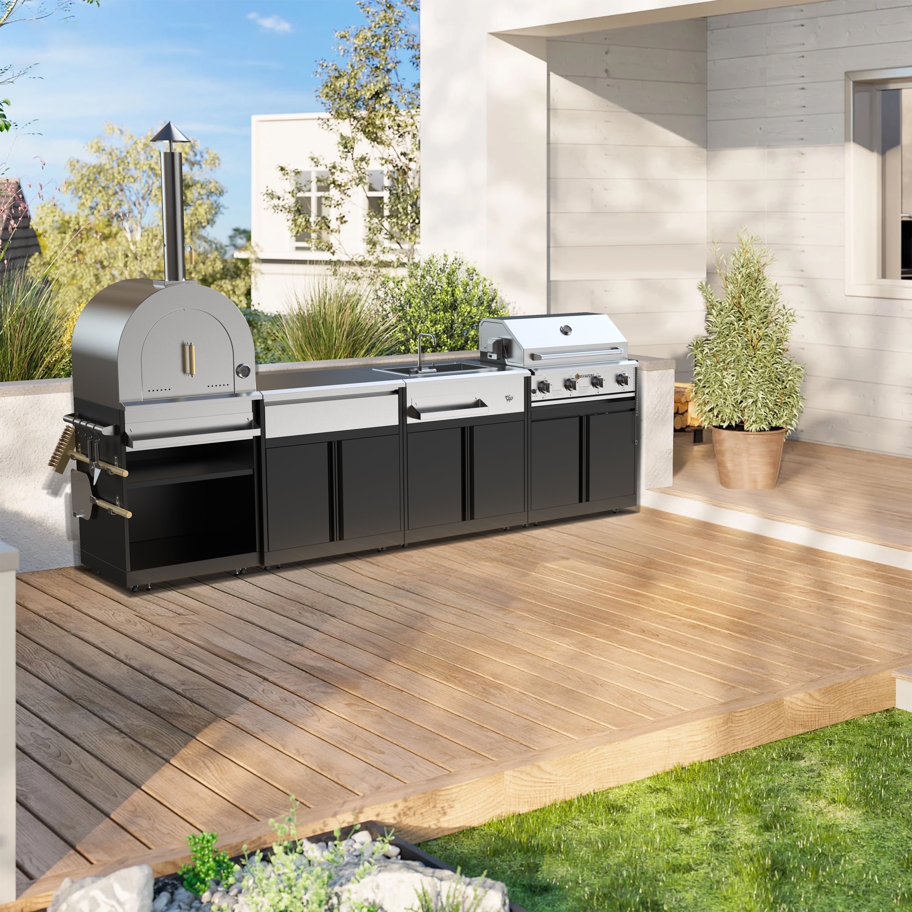 Vestivium Sera Series Outdoor Kitchen Island with Built - in Grill, Sink,Pizza Oven