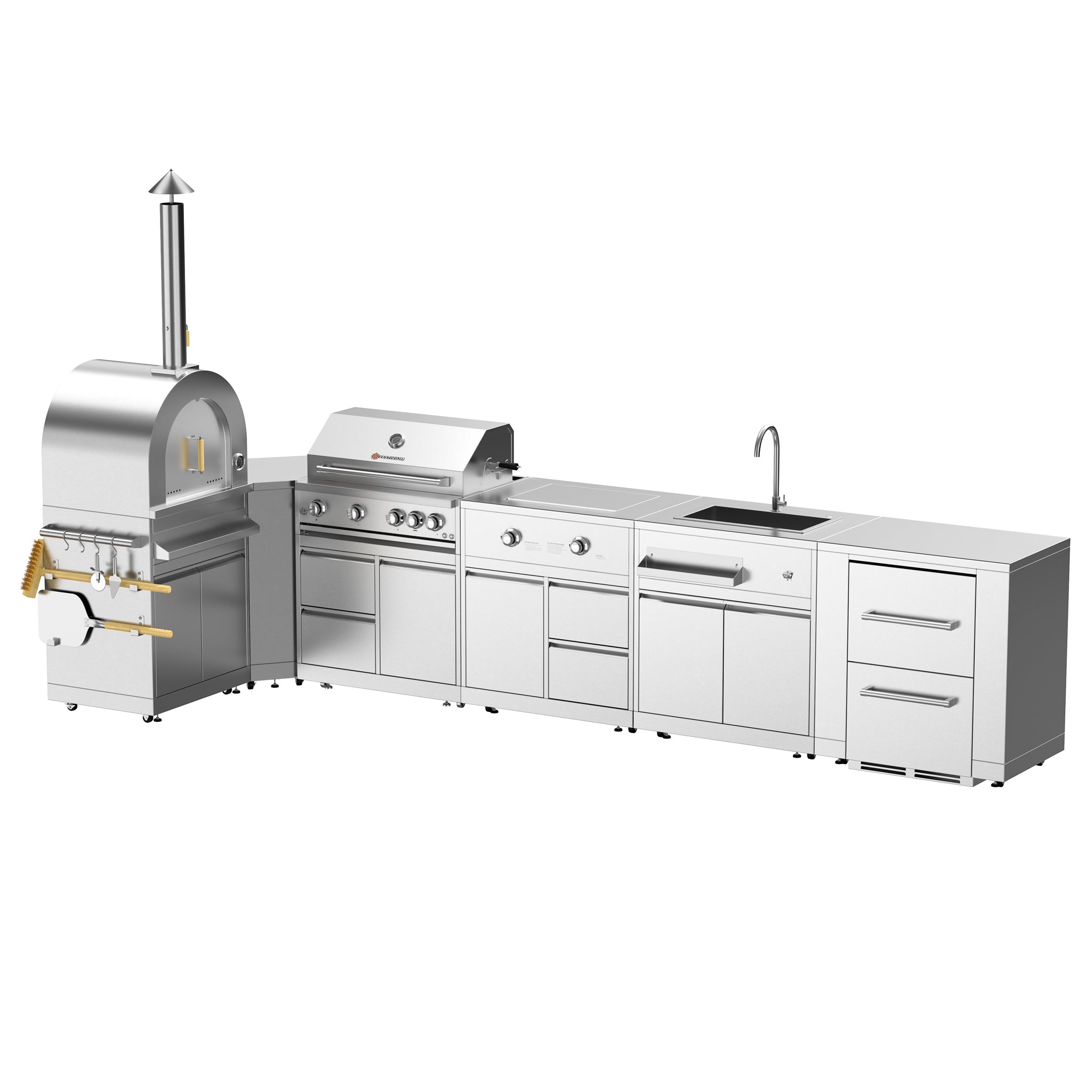 Vestivium Sera Series L-Shaped Outdoor Kitchen Island – Gas wood fired Pizza Oven and Grill, Modular Design