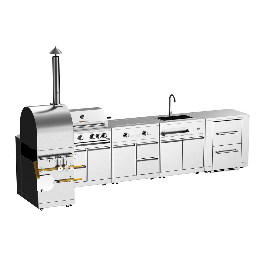 Vestivium Sera Series L-Shaped Outdoor Kitchen Island – Gas wood fired Pizza Oven and Grill, Modular Design