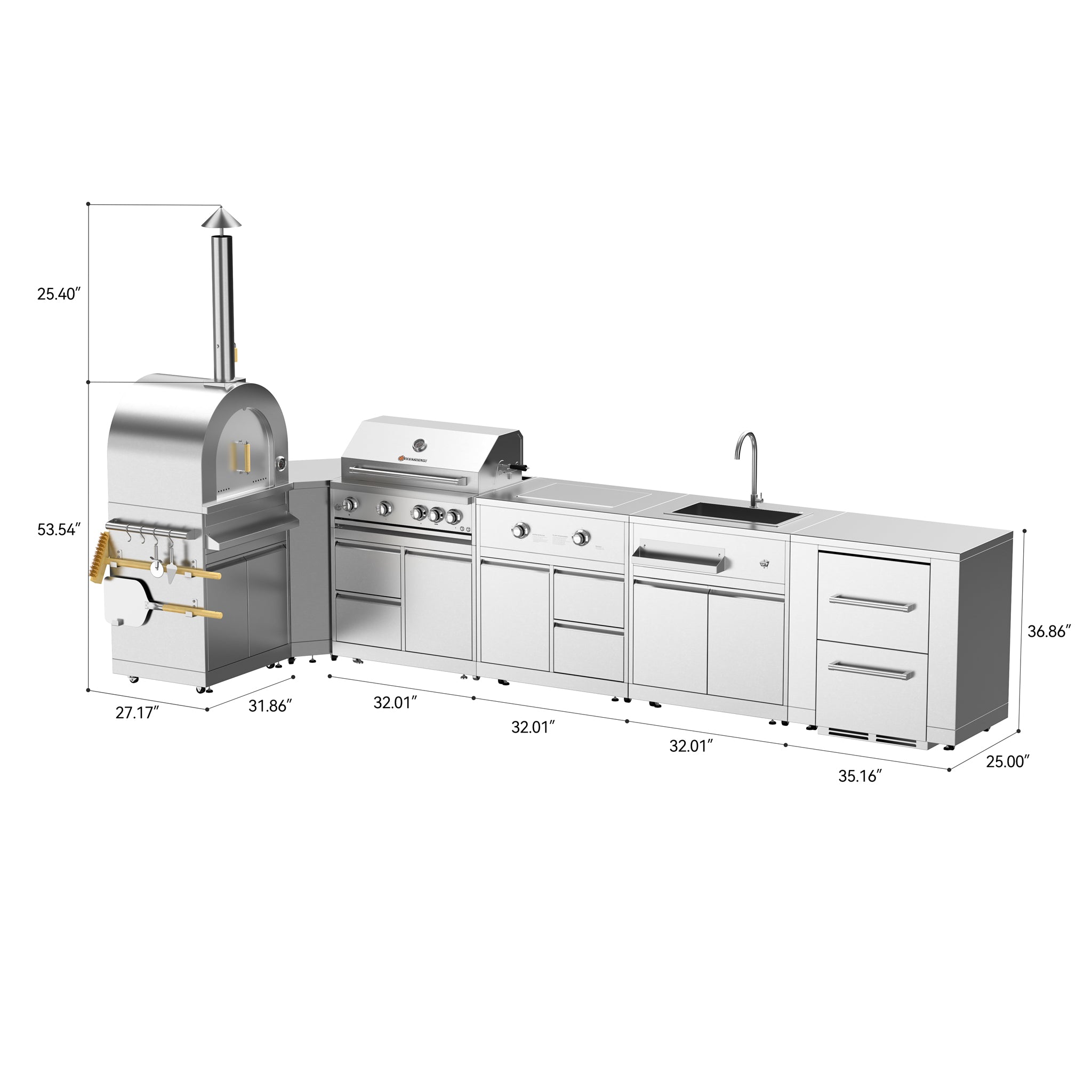 Vestivium Sera Series L-Shaped Outdoor Kitchen Island – Gas wood fired Pizza Oven and Grill, Modular Design